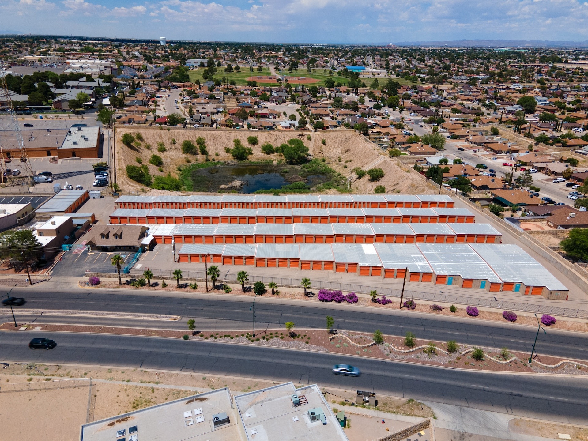 aerial view of a self storage business